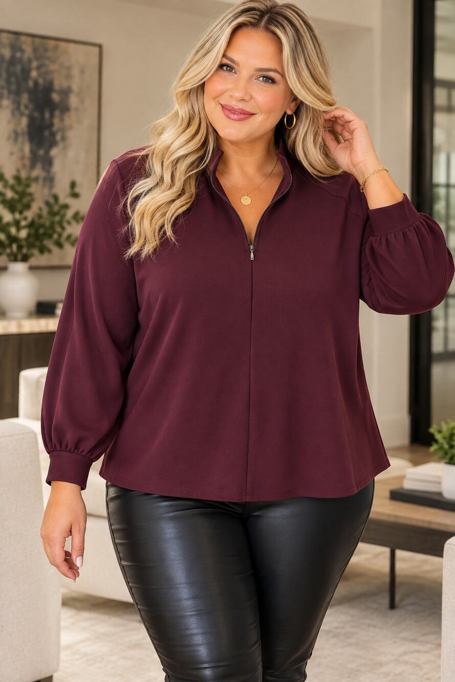 Talbots Plus 3X Plum Mock Neck Quarter Zip Long Sleeve Pullover Top